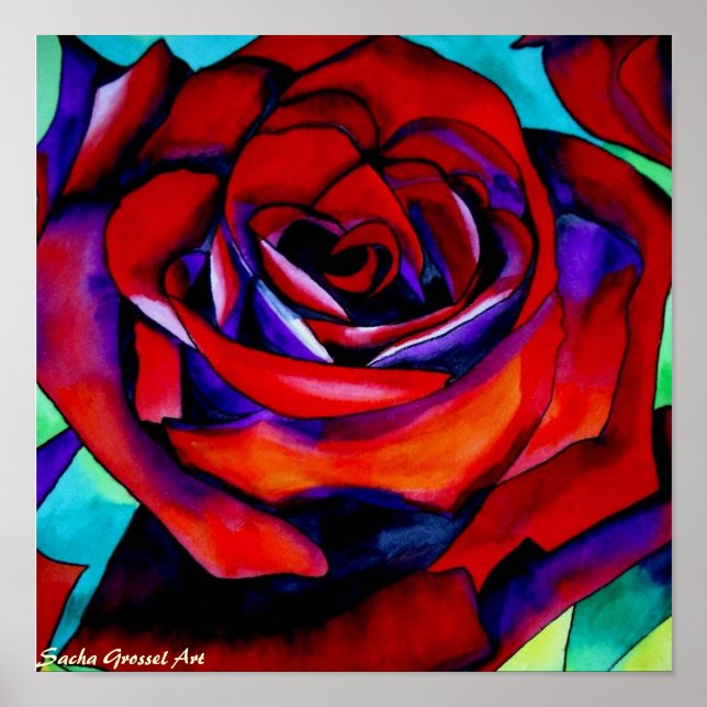 Póster Rosa de pasión rojo acuarela original (Frente)