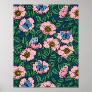 Póster Rosa de perro y mariposas