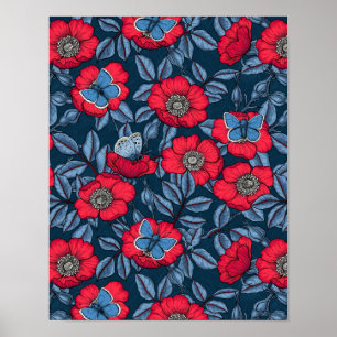 Póster Rosa de perro y mariposas en azul y rojo