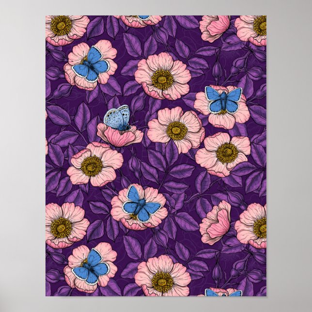 Póster Rosa de perro y mariposas en rosa y púrpura (Frente)