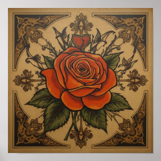 Póster Rosa de tatuajes de estilo americano (Frente)