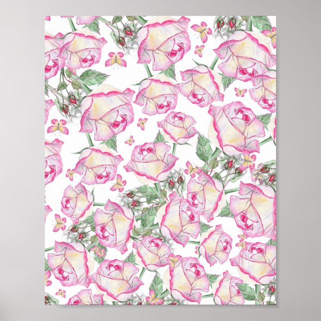 Póster Rosa de verano amarillo rosado romántico floral (Frente)