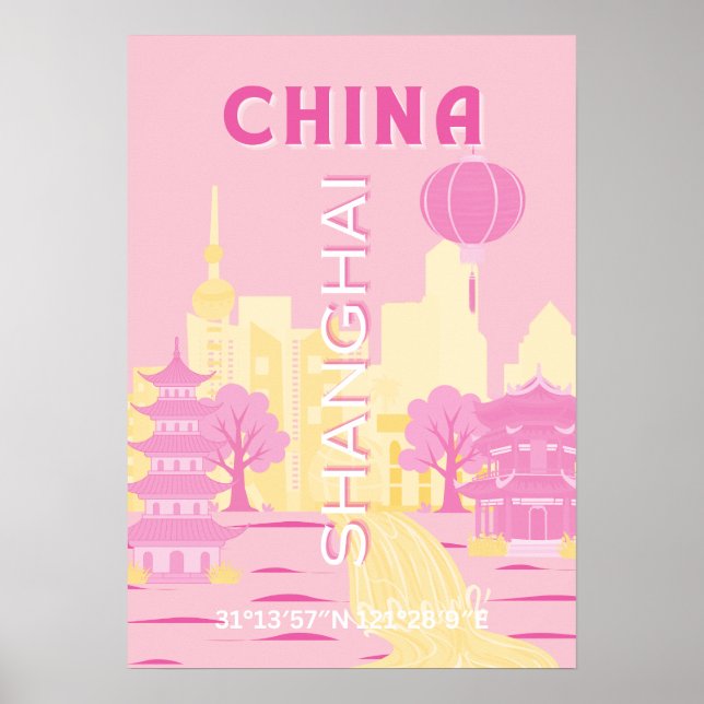 Póster Rosa de Viajes a Shanghai China (Frente)