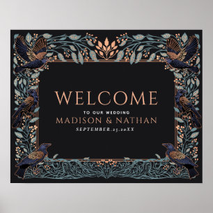 Póster Rosa Dorada Cuervo Floral Encantado de Boda Bienve