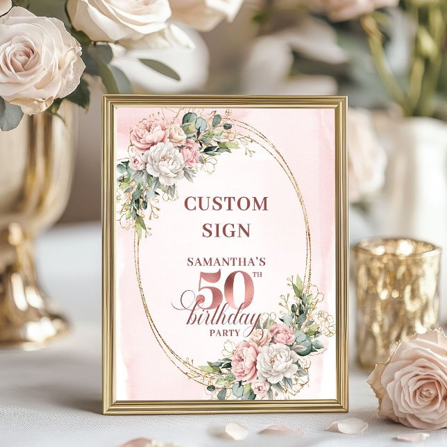 Póster Rosa dorada personalizada Glam para cumpleaños 50  (Personalized Glam Rose Gold 50th Birthday Tabletop Sign)