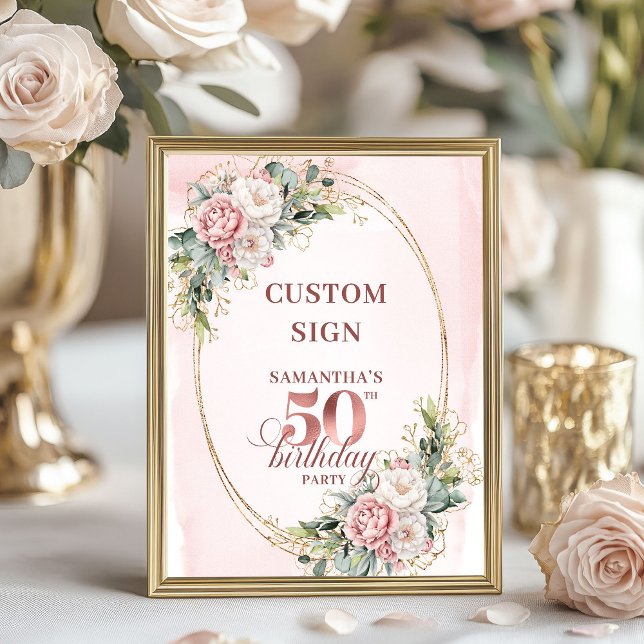 Póster Rosa dorada personalizada para cumpleaños 50 8x10 (Personalized Romantic Rose Gold 50th Birthday 8x10 Sign)