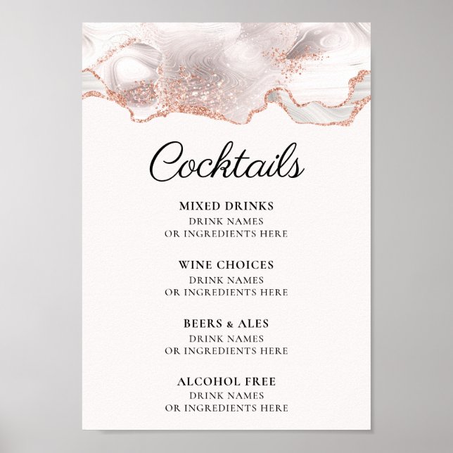 Póster Rosa Dorado Brillante Menu de Cócteles A4 en Blanc (Frente)