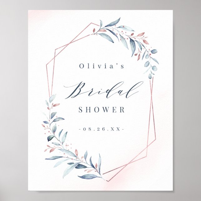 Póster Rosa Dorado Dusty Blue Greenery Bridal Shower (Frente)
