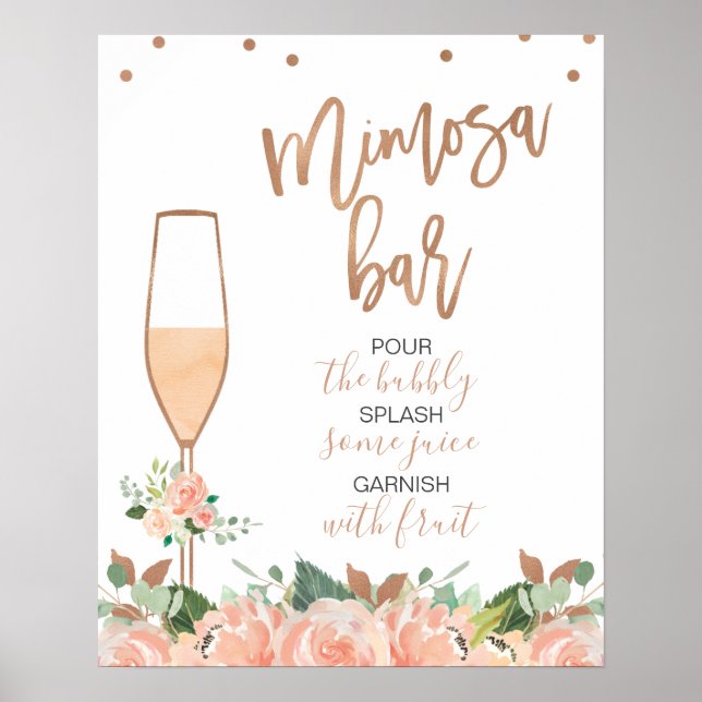 Póster Rosa Dorado Floral Bridal Shower Mimosa Bar Rótulo (Frente)