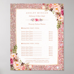 Póster Rosa elegante Purpurina de oro Floral Beauty Salon