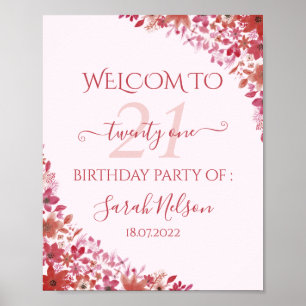 Póster Rosa floral cumpleaños número 21