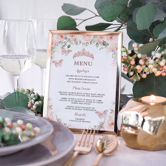 Póster Rosa floral de Rubor Gold Quinceanera Menú de cump (Subido por el creador)