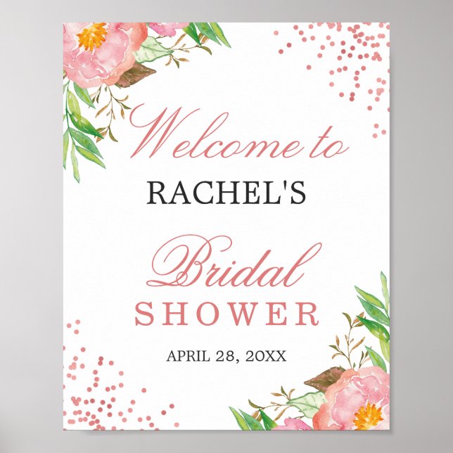 Póster Rosa floral elegante ducha de novia confetti rosa (Frente)