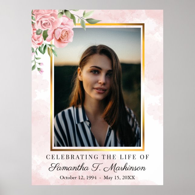 Póster Rosa floral rosada Foto Acuarela Funeral (Frente)