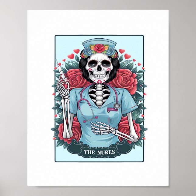 Póster Rosa floral Skeleton Enfermera Tarot Card Hallowee (Frente)