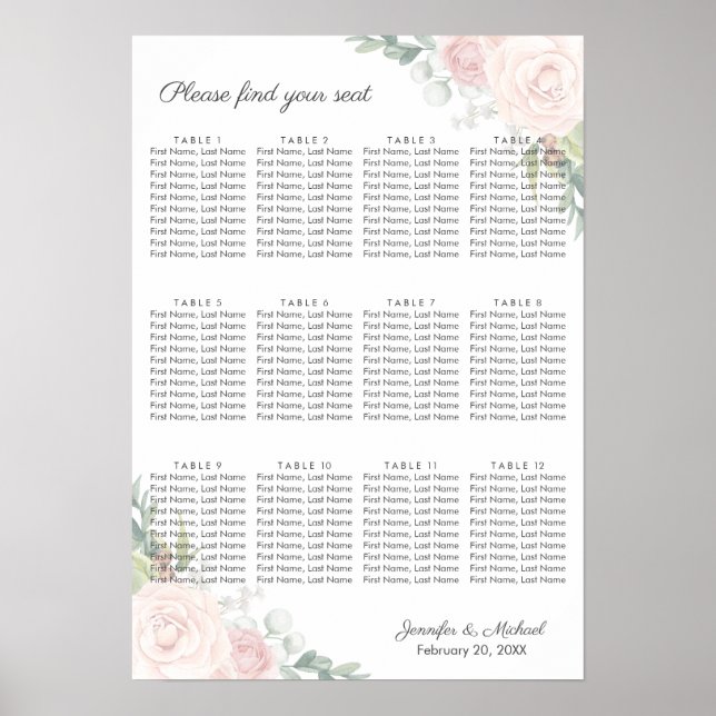 Póster Rosa floral y Poster de la tabla de asientos de la (Frente)