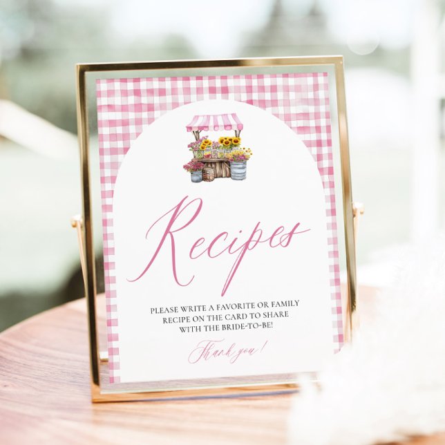 Póster Rosa Gingham Fresh De La Ducha De Recetas Del Merc (Watercolor Pink Gingham Fresh Off The Market Bridal Shower Recipes Sign)