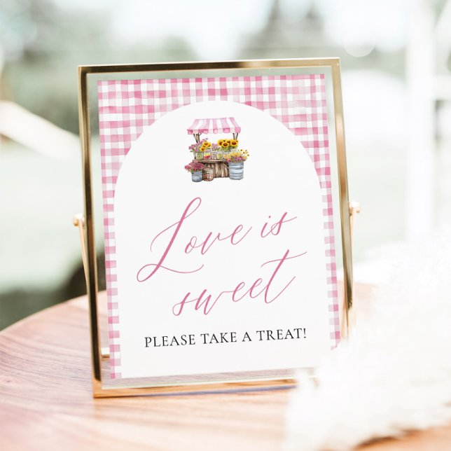 Póster Rosa Gingham Fresh fuera del mercado El amor es du (Watercolor Pink Gingham Fresh Off The Market Love is Sweet Sign)
