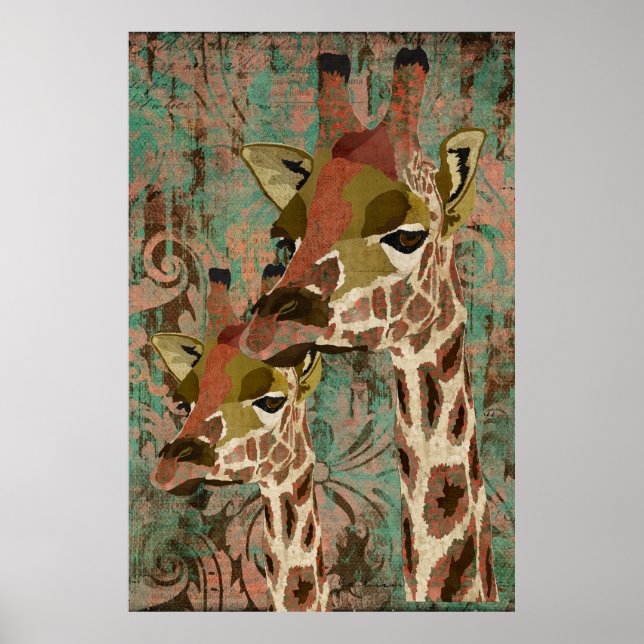 Póster Rosa Giraffes Damask Art Poster (Frente)