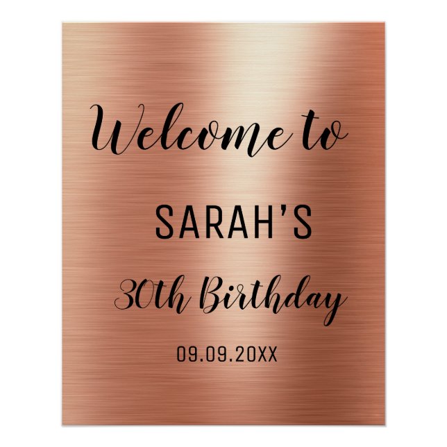 Póster Rosa Gold Black Elegant 30th Birthday Welcome (Anverso)