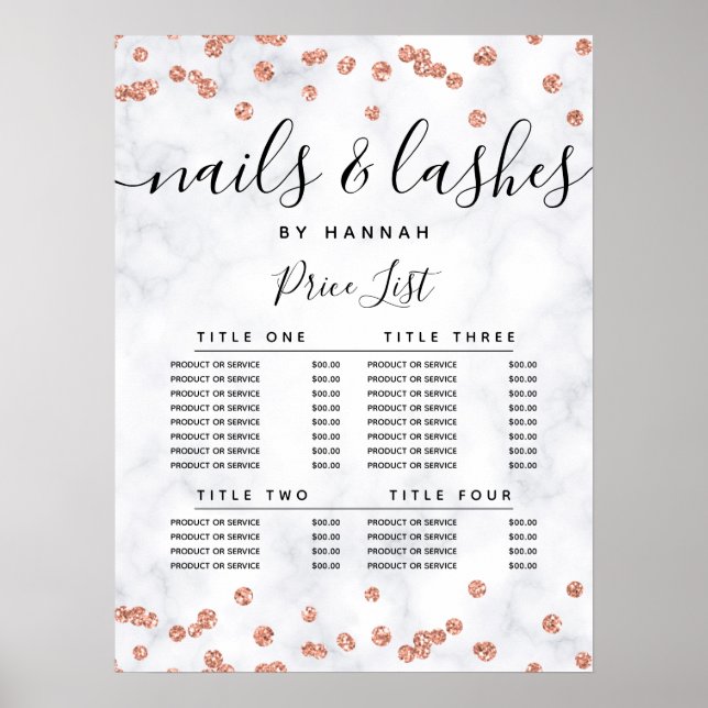 Póster Rosa Gold Purpurina Confetti Marble Price Menu (Frente)