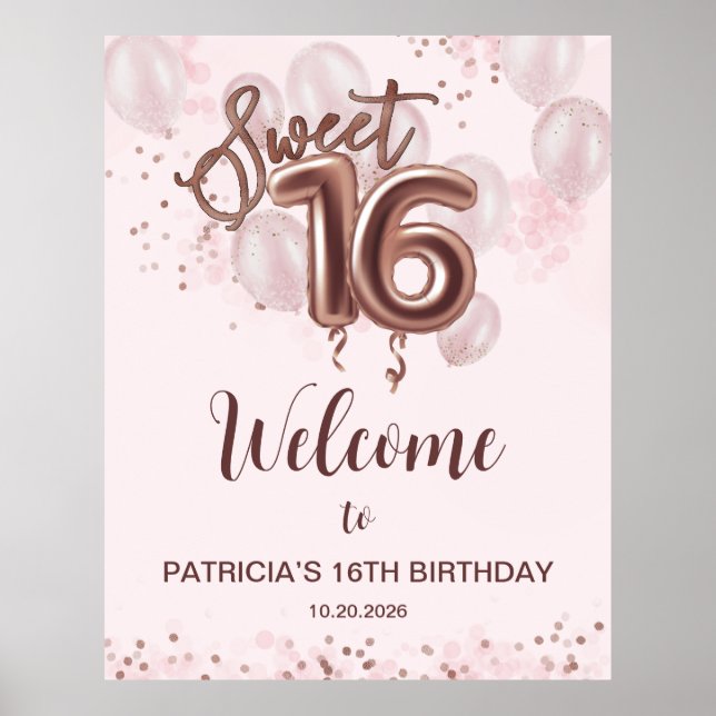 Póster Rosa Gold Sweet 16 Bday Balloons Rosa Signo de bie (Frente)