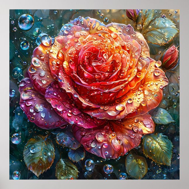 Póster Rosa hermosa con gotas de agua (Frente)