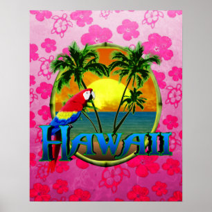 Póster Rosa Honu de la puesta del sol de Hawaii
