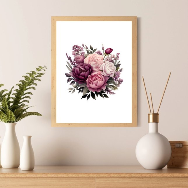 Póster Rosa morado rosado Peonies Flor floral (Pink purple peonies and roses wall art poster print.  Elegant )