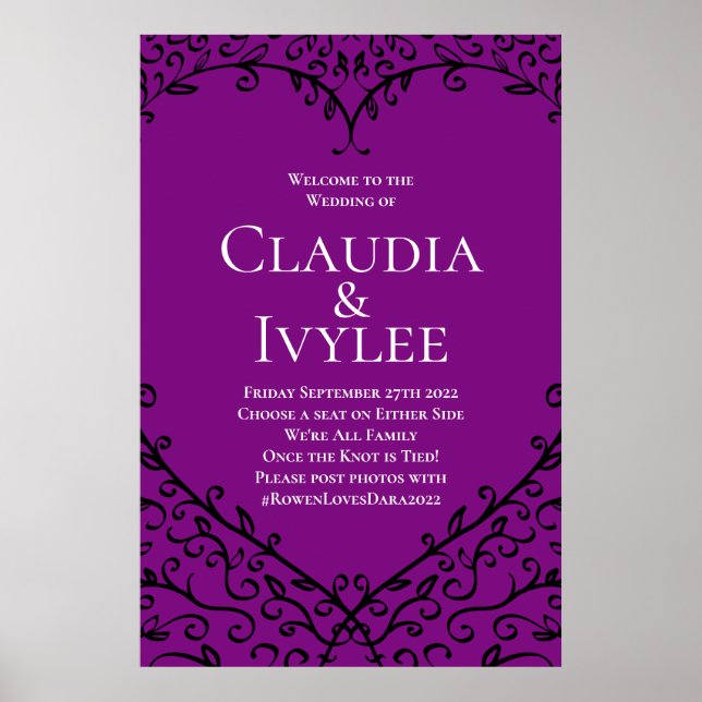 Póster Rosa morado y negro Boda gótico Rótulo de ceremoni (Frente)