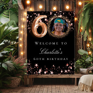 Póster Rosa negra dorado 60 cumpleaños fiesta de bienveni