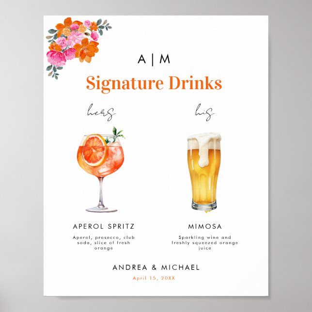 Póster Rosa Orangefarbene Signatur Drink Cocktail Hochze (Frente)