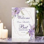 Póster Rosa oro morado color de agua floral Bat Mitzvah<br><div class="desc">Marco geométrico de oro Rosa y tipografía de confeti purpurina Bat Mitzvah bienvenido con ramas de hojas de color verde pintadas a mano,  flores de lavanda púrpura,  perfecto para primavera y verano .</div>