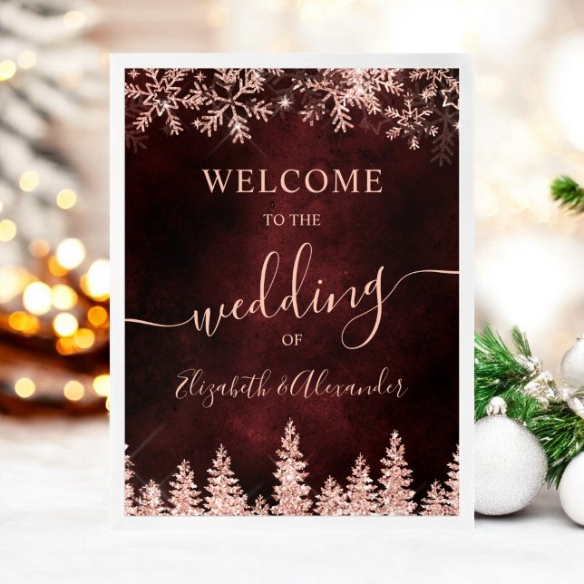 Póster Rosa oro nieve pino Navidades rojos boda de invier (Rose gold snow pine red Christmas winter wedding Poster)
