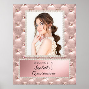 Póster Rosa Oro Rosado Perlas Blancas Quinceañera Foto