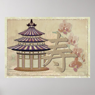 Póster Rosa Pagoda Mixed Media Oriental