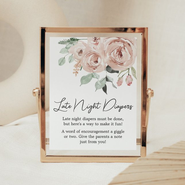 Póster Rosa Polvorienta Es un Chica de pañales nocturnos (It's a Girl Dusty Pink Rose Baby Shower Late Night Diapers Sign)