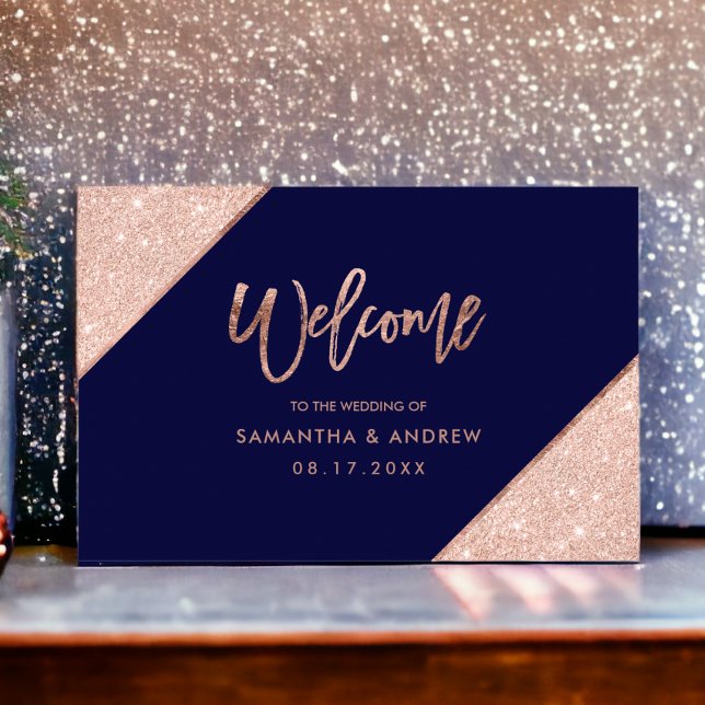 Póster Rosa purpurina de oro azul marino boda bienvenida (Rose gold glitter navy blue wedding welcome poster)