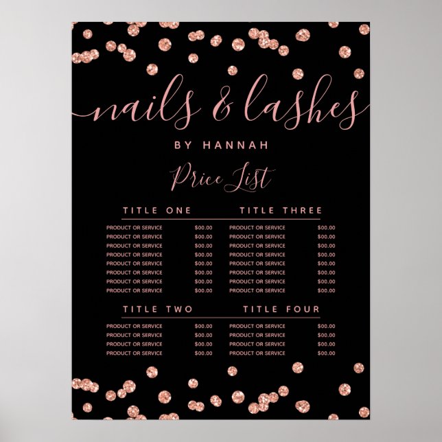 Póster Rosa Purpurina de oro Confetti Salon Price Menú Ne (Frente)