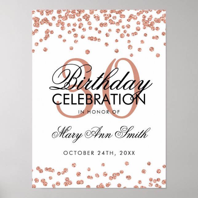 Póster Rosa Purpurina de Oro Confetti White 30 cumpleaños (Frente)