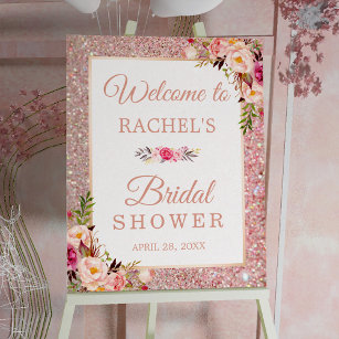 Póster Rosa Purpurina de oro Floral Bridal Shower Rótulo