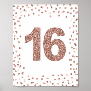 Póster Rosa Purpurina de oro número 16 Rótulo de fiesta d