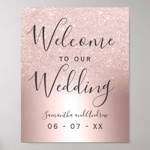 Póster Rosa purpurina de oro oscuro boda metálico bienven