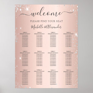 Póster Rosa purpurina plateado boda de asiento
