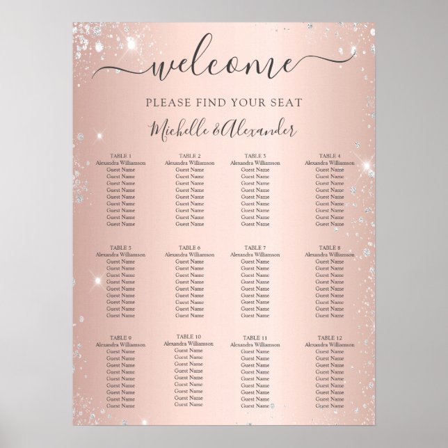 Póster Rosa purpurina plateado boda de asiento (Frente)