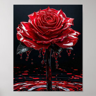 Póster Rosa Roja Brillante con Gotitas de Rocío Romántica