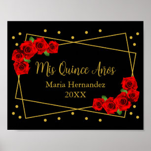 Póster Rosa Roja Negro y Quinceañera de oro