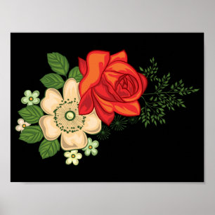 Póster Rosa Roja y Margaritas Fondo Negro