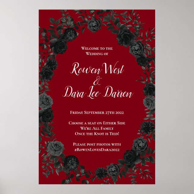 Póster Rosa rojo y negro Boda gótico Rótulo de ceremonia  (Frente)