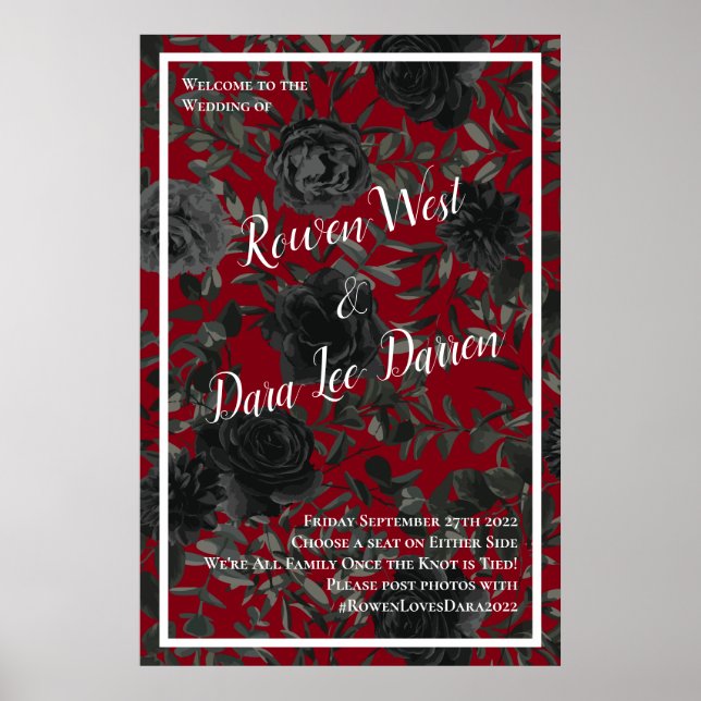 Póster Rosa rojo y negro Boda gótico Rótulo de ceremonia  (Frente)